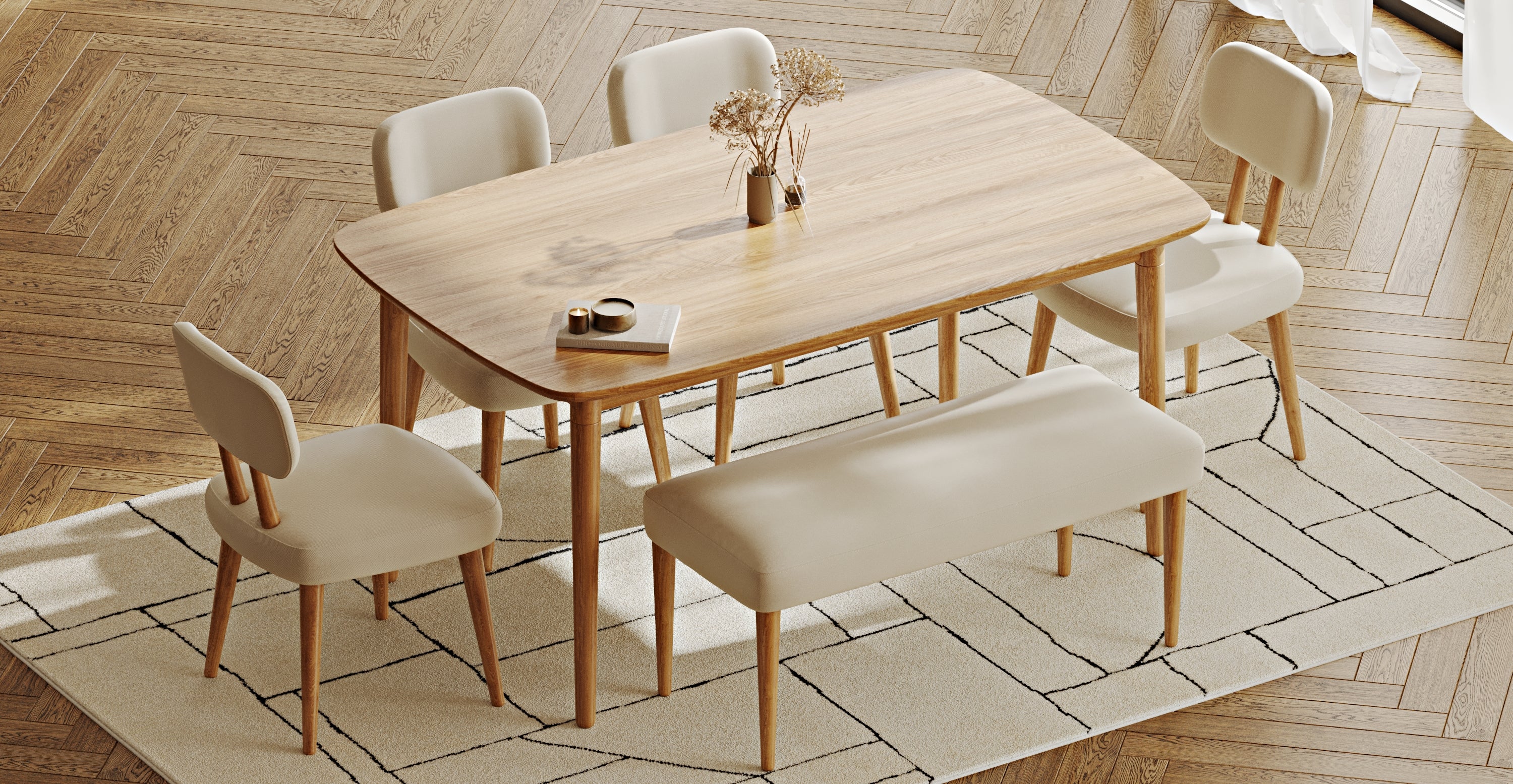 Lyno 97x160 Cm Sabit Yemek Masası Takımı (Bench&4Lü Roa) - Performans