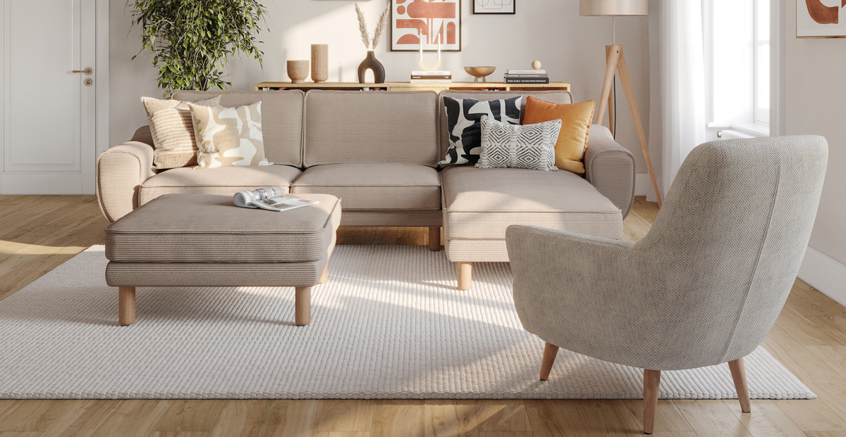 Klem Köşe & Puf ve Fildişi Berjer Koltuk Takımı - Fitilli Kadife & Doğal Doku