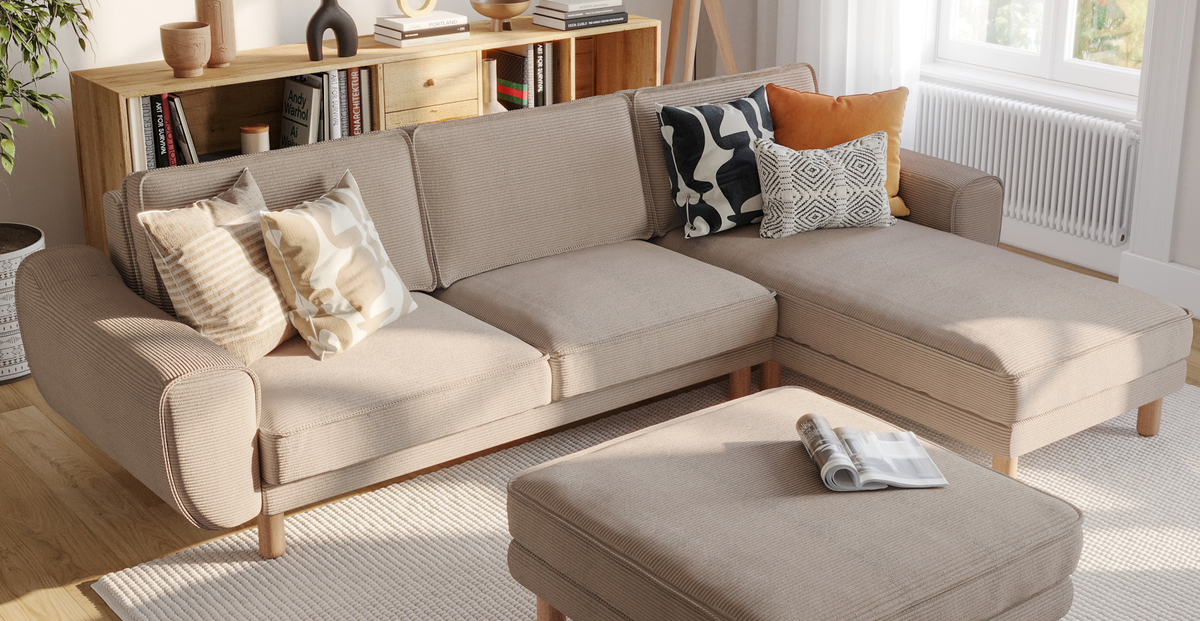 Klem Köşe & Puf ve Fildişi Berjer Koltuk Takımı - Fitilli Kadife & Doğal Doku