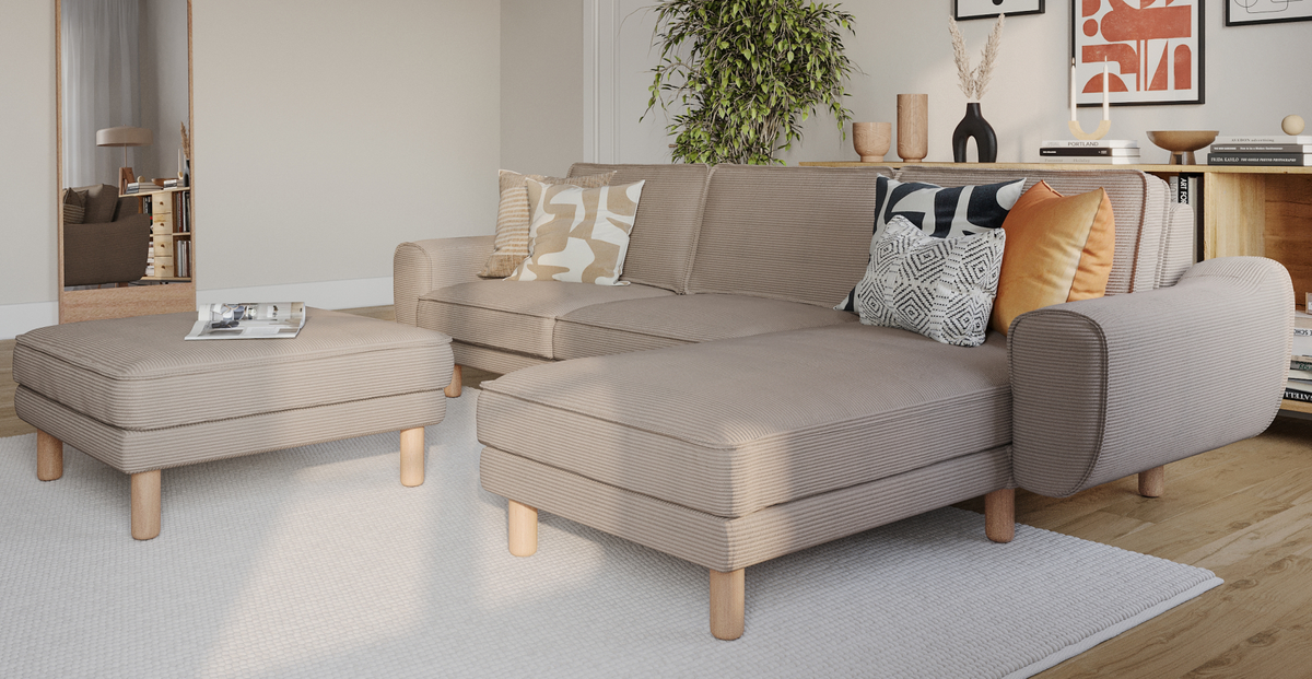 Klem Köşe & Puf ve Fildişi Berjer Koltuk Takımı - Fitilli Kadife & Doğal Doku