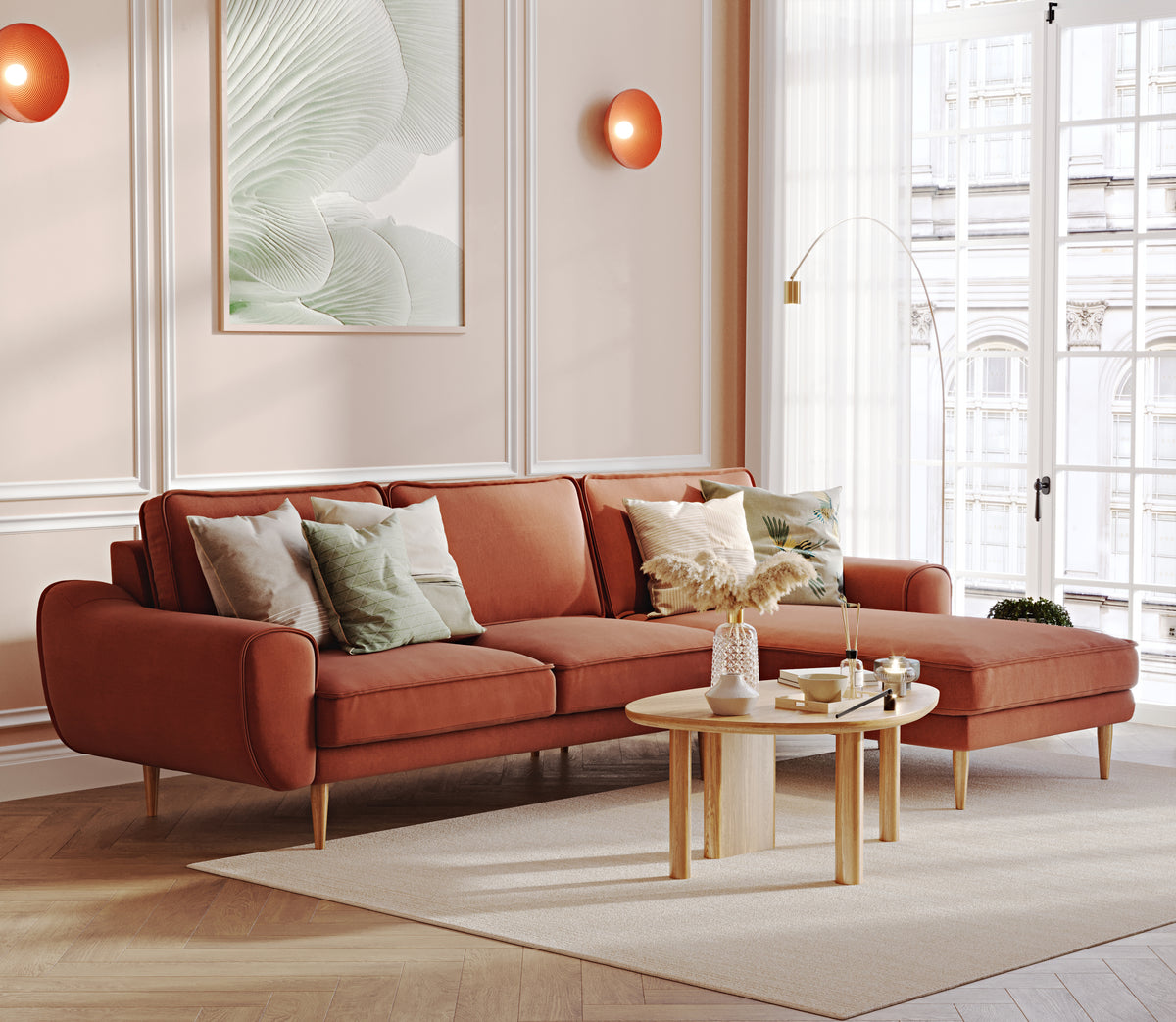 Klem Tuğla ve Levy Berjer Retro Bej Köşe Koltuk Takımı - Performans Keten