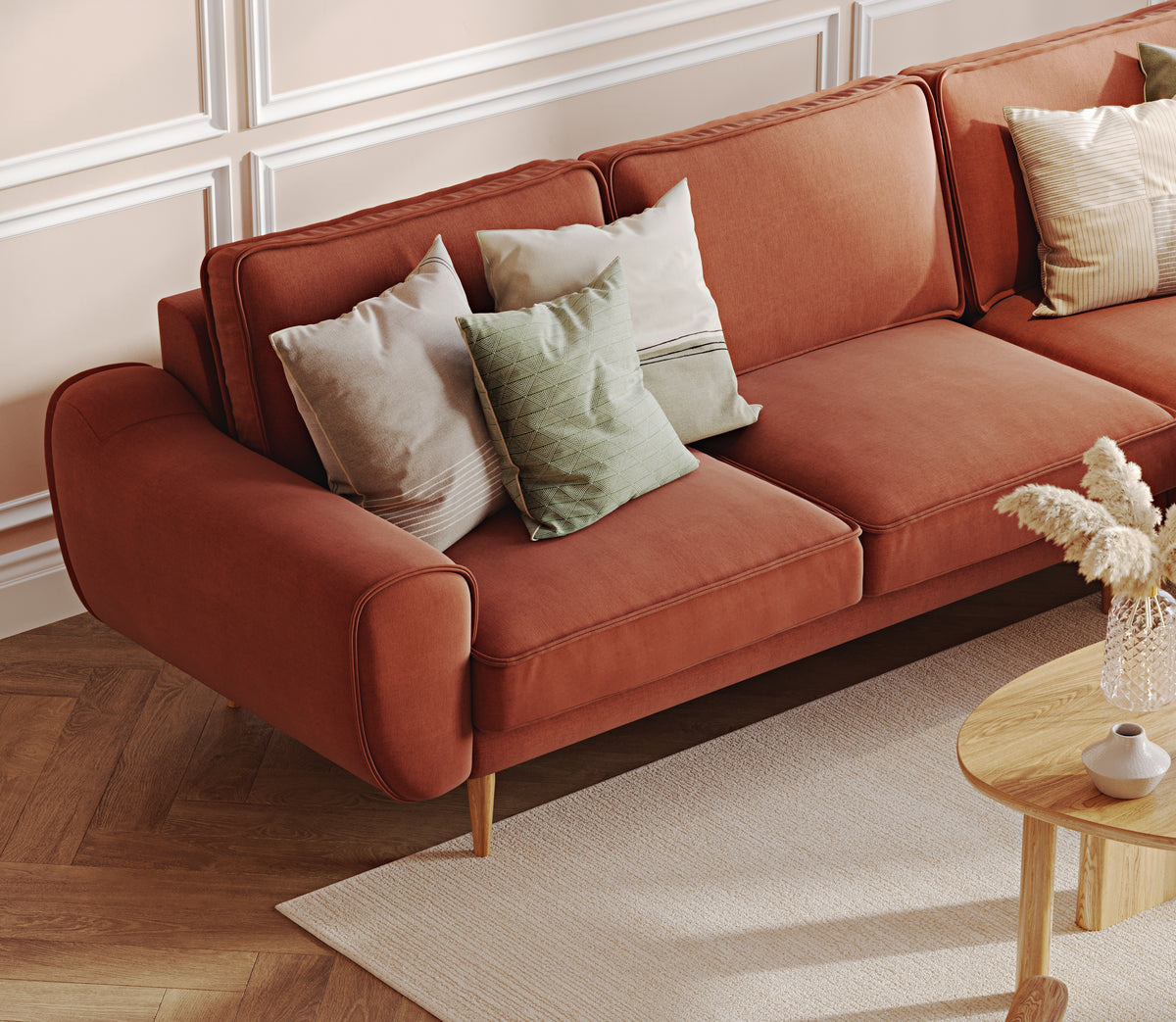 Klem Tuğla ve Levy Berjer Retro Bej Köşe Koltuk Takımı - Performans Keten