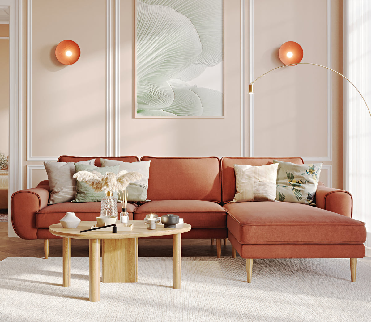 Klem Tuğla ve Levy Berjer Retro Bej Köşe Koltuk Takımı - Performans Keten