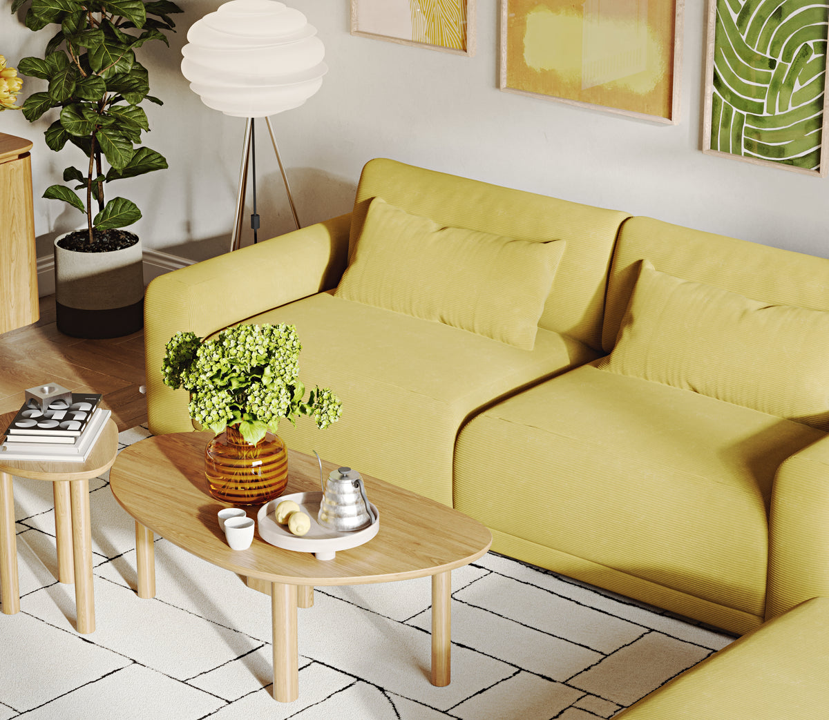 Carle Sisli Yeşil ve Polen Sarı 3-1 Koltuk Takımı - Fitilli Kadife