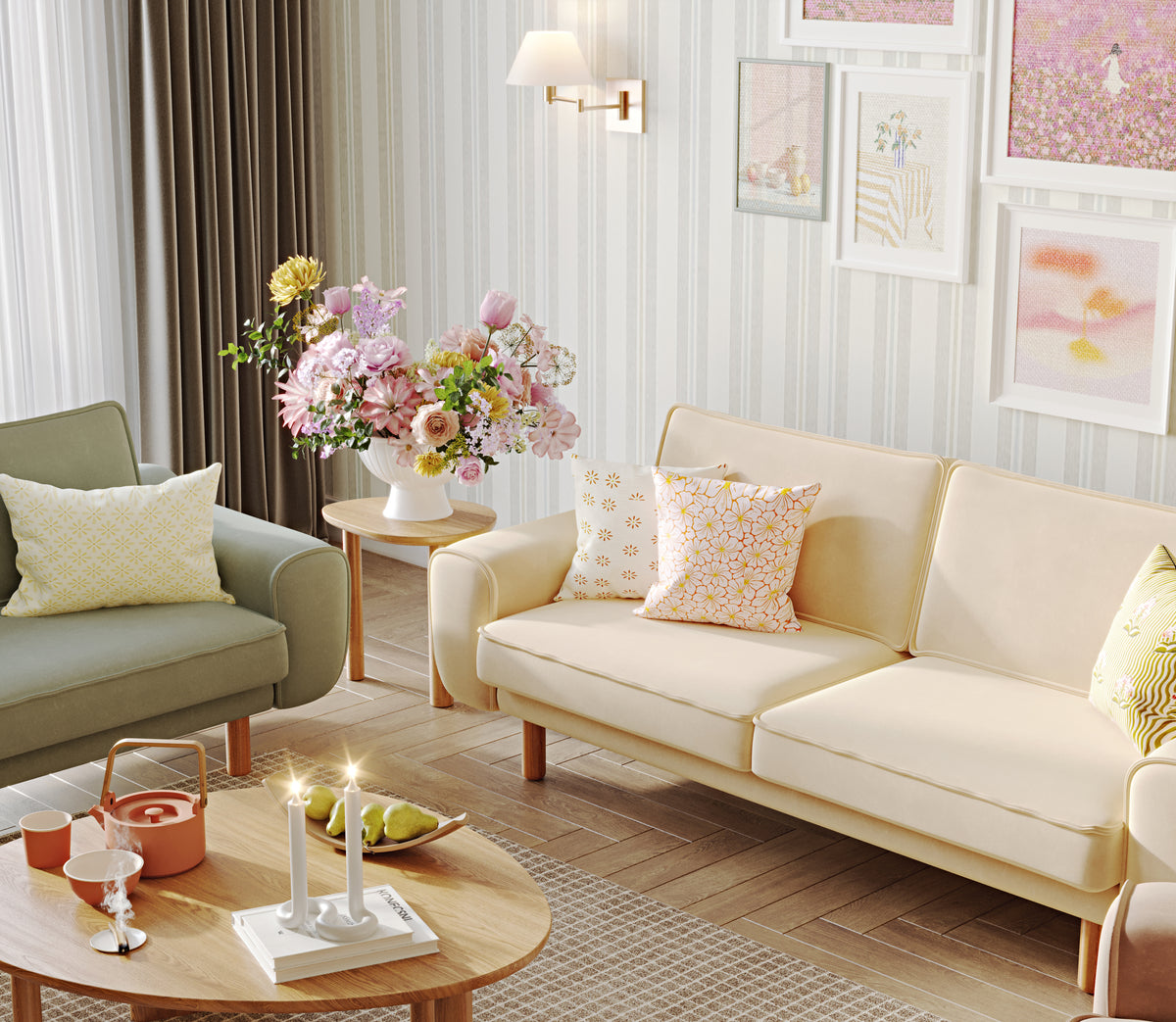 Klem Butter Blush Çağla Yeşili 3-3-1 Koltuk Takımı - Kadife