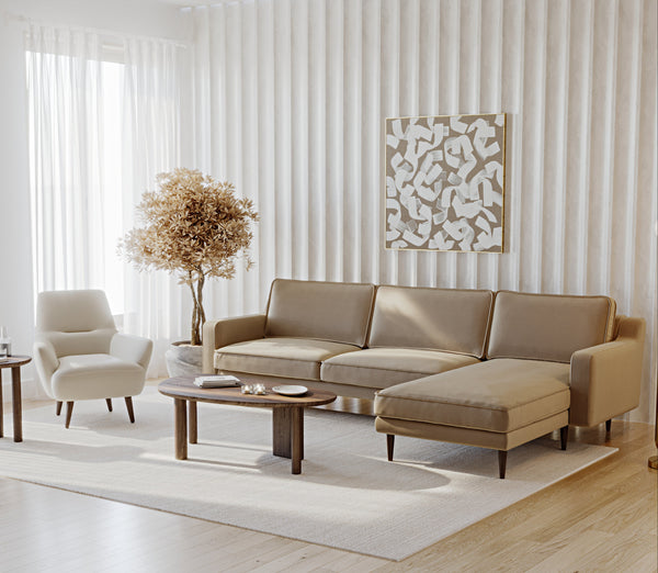 Klem Slim Kum 292 x 171 Köşe ve Modsy Bej Berjer Koltuk Takımı - Performans Kadife