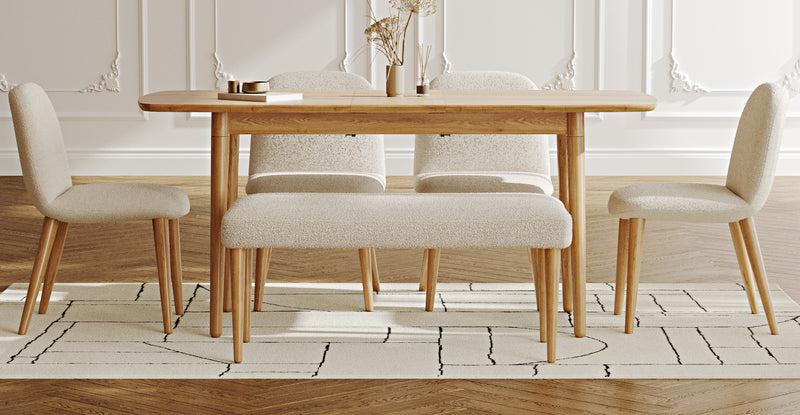 Lyno 77x140 Açılır Yemek Masası Takımı (Roa Bench & 4 Venn Sandalye) - Bukle