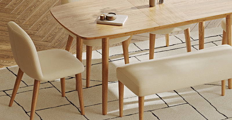 Lyno 77x140 Açılır Yemek Masası Takımı (Roa Bench & 4 Venn Sandalye) - Doğal Doku