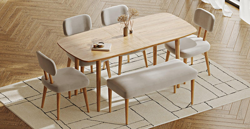 Lyno 77x140 Cm Açılır Yemek Masası Takımı (Roa Bench & 4 Roa Sandalye) - Performans Keten