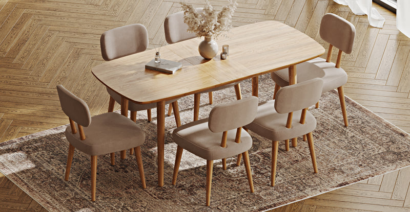 Lyno 77x140 Cm Açılır Yemek Masası Takımı (6 Roa Sandalye) - Kadife