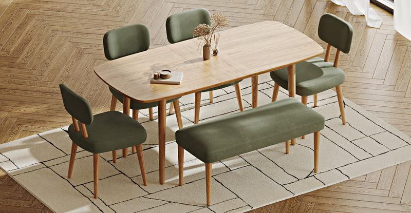 Lyno 77x140 Cm Açılır Yemek Masası Takımı (Roa Bench & 4 Roa Sandalye) - Kadife