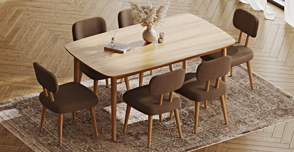 Lyno 97x160 Cm Sabit Yemek Masası Takımı (6Lı Roa) - Fitilli Kadife