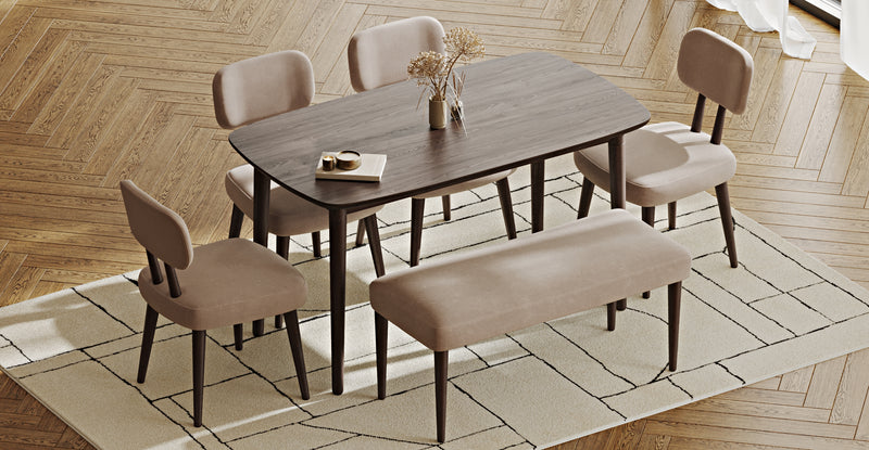 Lyno 77x140 Cm Sabit Yemek Masası Takımı (Roa Bench & 4 Roa Sandalye) - Kadife