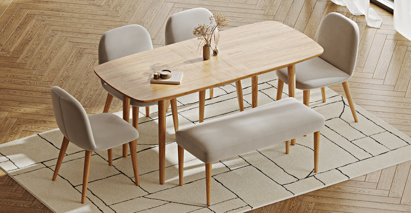 Lyno 77x140 Açılır Yemek Masası Takımı (Roa Bench & 4 Venn Sandalye) - Performans Keten
