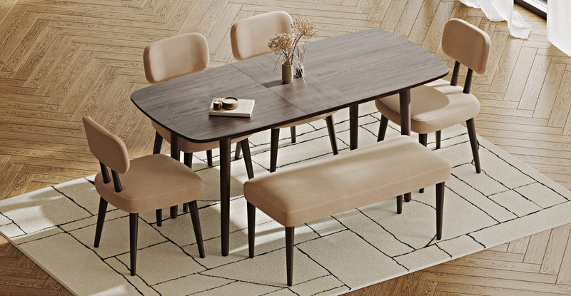 Lyno 77x140 Cm Açılır Yemek Masası Takımı (Roa Bench & 4 Roa Sandalye) - Kadife