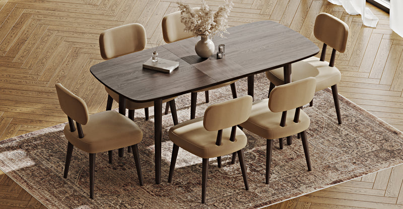 Lyno 77x140 Cm Açılır Yemek Masası Takımı (6 Roa Sandalye) - Performans Kadife