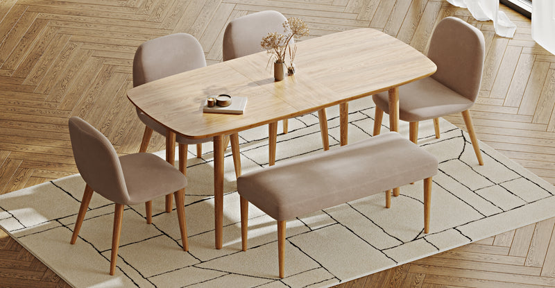 Lyno 77x140 Açılır Yemek Masası Takımı (Roa Bench & 4 Venn Sandalye) - Kadife