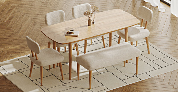 Lyno 77x140 Cm Açılır Yemek Masası Takımı (Roa Bench & 4 Roa Sandalye) - Bukle