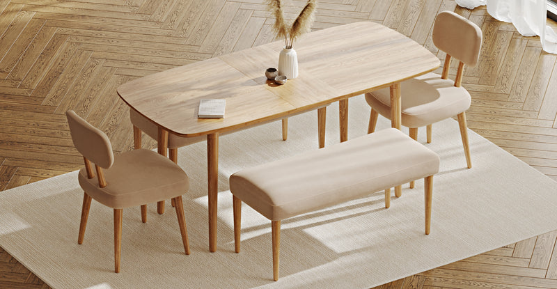 Lyno 77x140 Cm Açılır Yemek Masası Takımı (2 Roa Bench & 2 Roa Sandalye) - Kadife