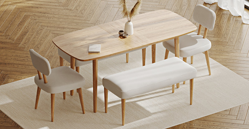 Lyno 77x140 Cm Açılır Yemek Masası Takımı (2 Roa Bench & 2 Roa Sandalye) - Fitilli Kadife