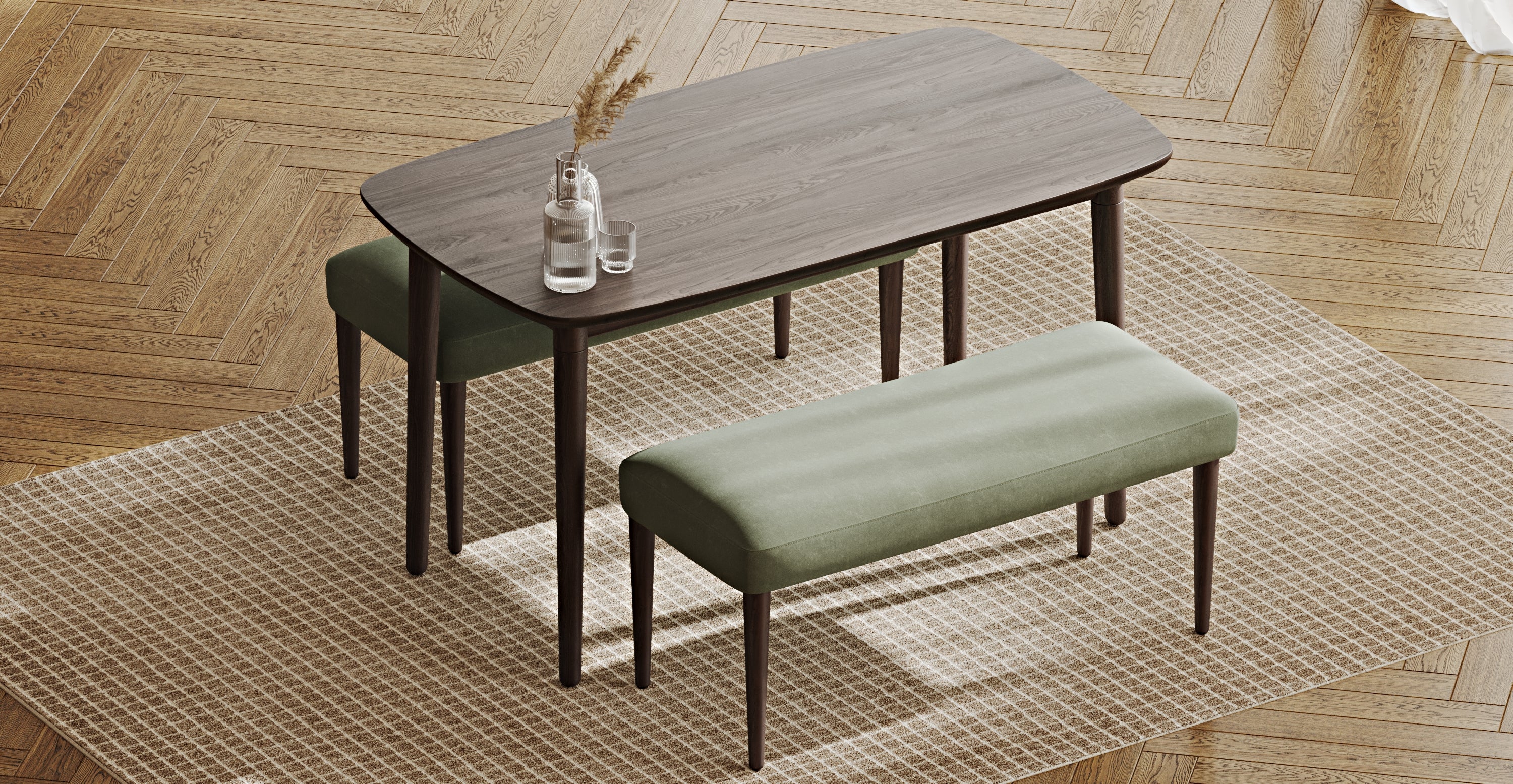 Lyno 77x140 Cm Sabit Yemek Masası Takımı (2 Roa Bench) - Kadife