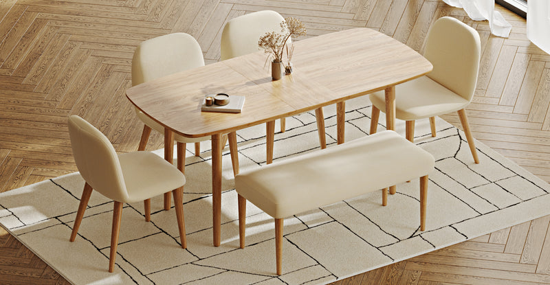Lyno 77x140 Açılır Yemek Masası Takımı (Roa Bench & 4 Venn Sandalye) - Doğal Doku