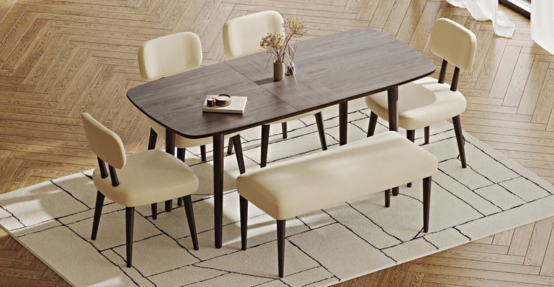 Lyno 77x140 Cm Açılır Yemek Masası Takımı (Roa Bench & 4 Roa Sandalye) - Doğal Doku