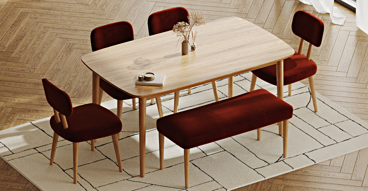 Lyno 97x160 Cm Sabit Yemek Masası Takımı (Bench&4Lü Roa) - Kadife