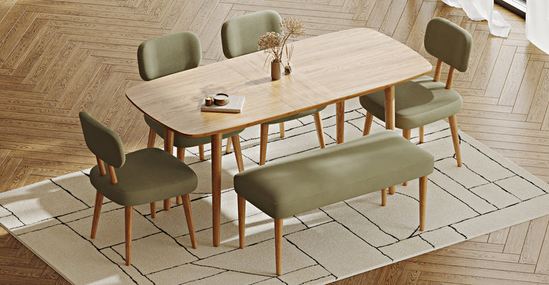 Lyno 77x140 Cm Açılır Yemek Masası Takımı (Roa Bench & 4 Roa Sandalye) - Fitilli Kadife