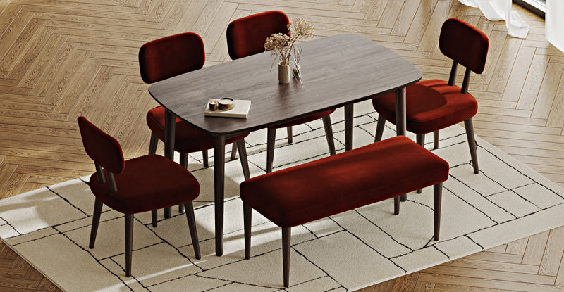Lyno 77x140 Cm Sabit Yemek Masası Takımı (Roa Bench & 4 Roa Sandalye) - Kadife