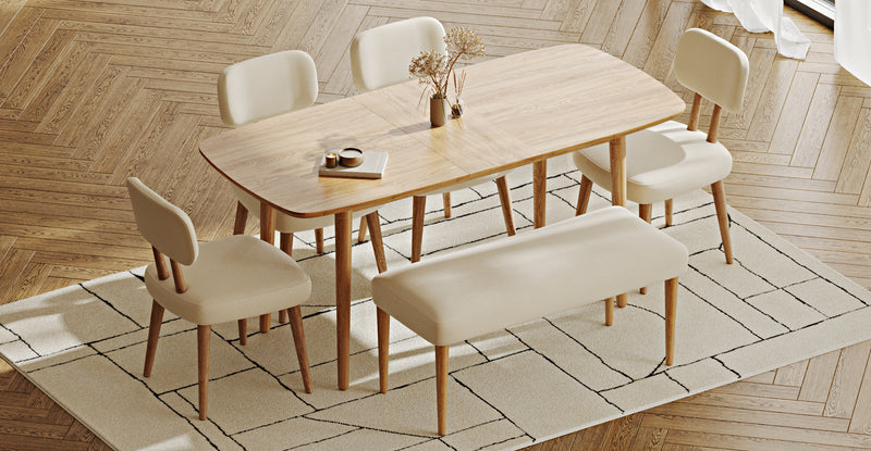 Lyno 77x140 Cm Açılır Yemek Masası Takımı (Roa Bench & 4 Roa Sandalye) - Doğal Doku