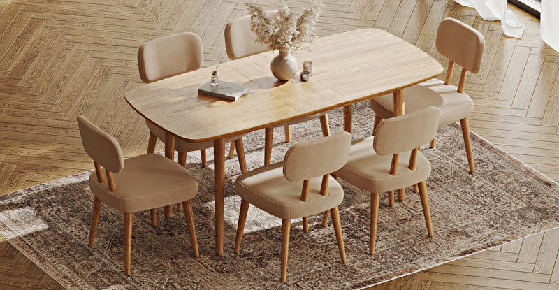 Lyno 77x140 Cm Açılır Yemek Masası Takımı (6 Roa Sandalye) - Kadife