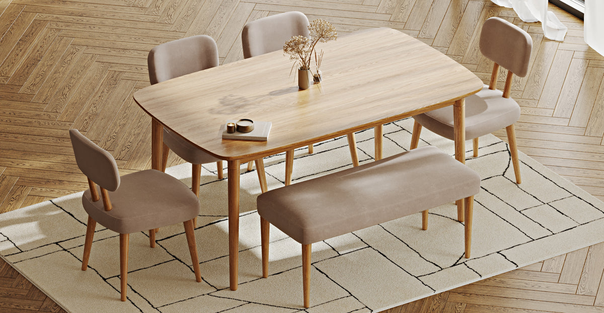 Lyno 97x160 Cm Sabit Yemek Masası Takımı (Bench&4Lü Roa) - Kadife