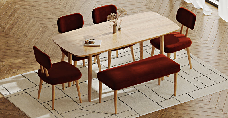 Lyno 77x140 Cm Açılır Yemek Masası Takımı (Roa Bench & 4 Roa Sandalye) - Kadife