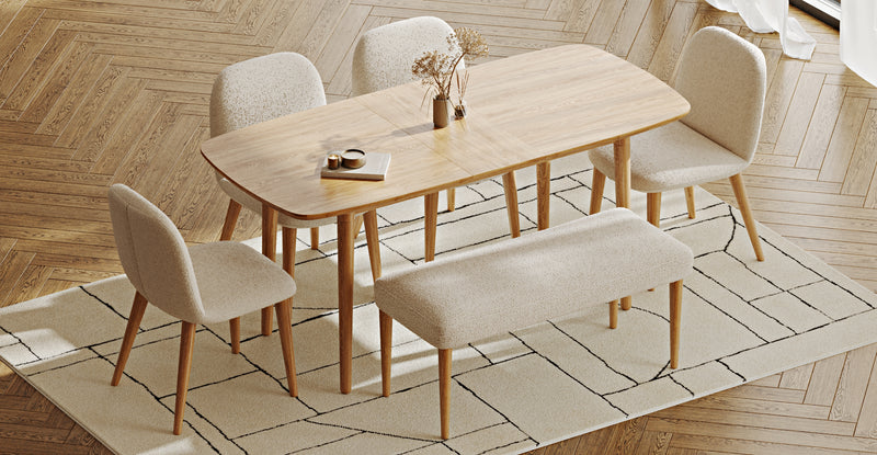 Lyno 77x140 Açılır Yemek Masası Takımı (Roa Bench & 4 Venn Sandalye) - Bukle
