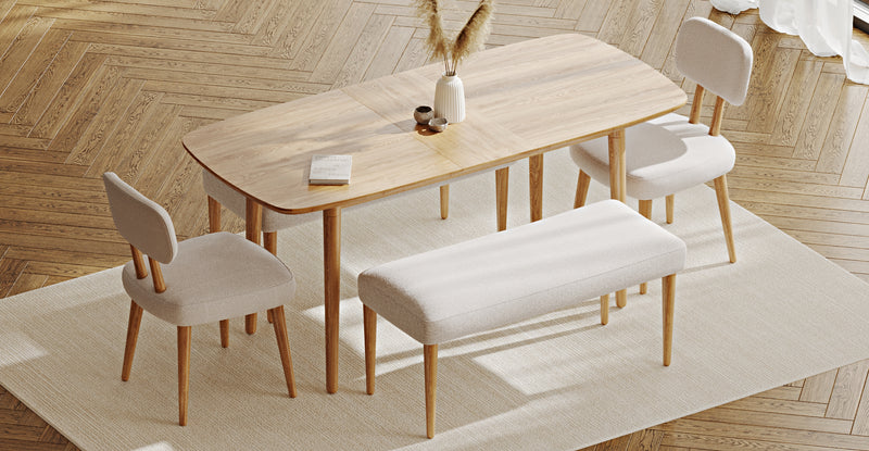 Lyno 77x140 Cm Açılır Yemek Masası Takımı (2 Roa Bench & 2 Roa Sandalye) - Keten