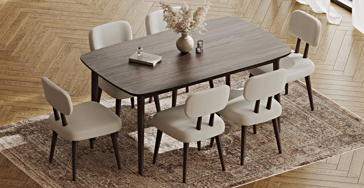 Lyno 97x160 Cm Sabit Yemek Masası Takımı (6Lı Roa) - Fitilli Kadife