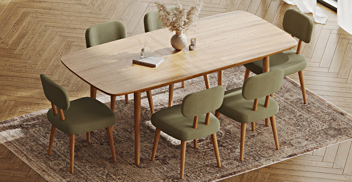 Lyno 97x160 Cm Açılır Yemek Masası Takımı (6Lı Roa) - Fitilli Kadife