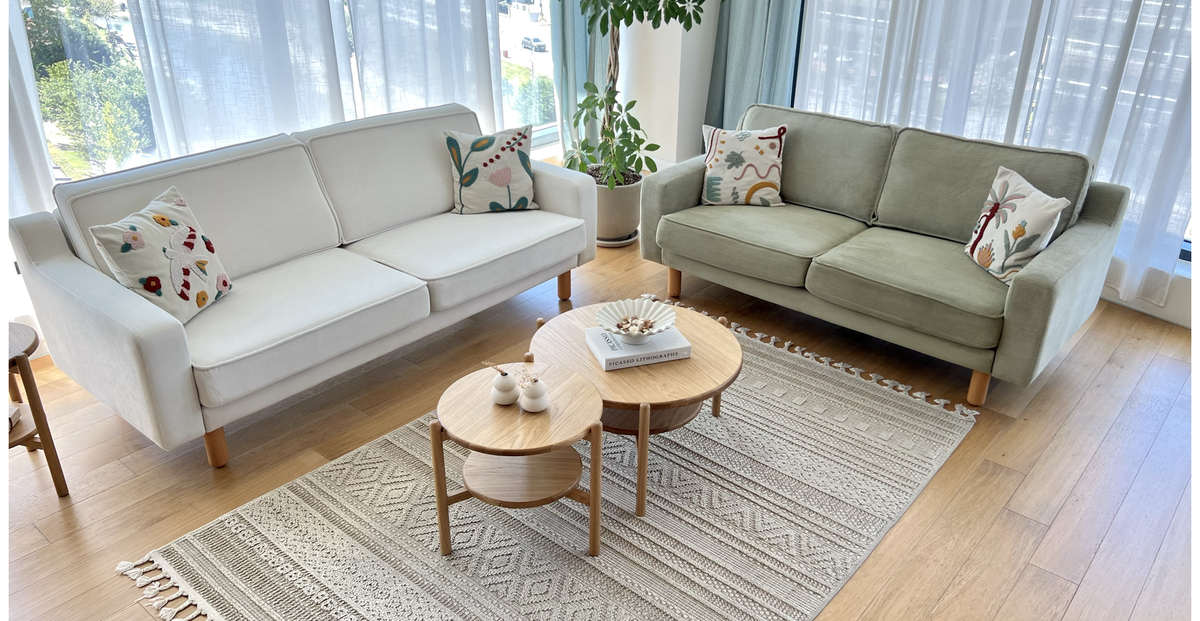 Klem Vanilya Üçlü ve Sisli Yeşil İkili Koltuk Takımı - Kadife & Fitilli Kadife