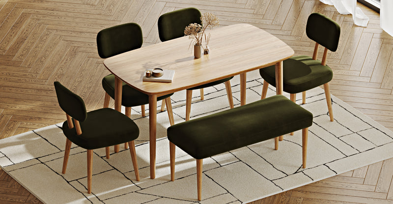 Lyno 77x140 Cm Sabit Yemek Masası Takımı (Roa Bench & 4 Roa Sandalye) - Kadife