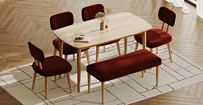 Lyno 77x140 Cm Sabit Yemek Masası Takımı (Roa Bench & 4 Roa Sandalye) - Kadife