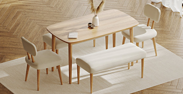 Lyno 77x140 Cm Sabit Yemek Masası Takımı (2 Roa Bench & 2 Roa Sandalye) - Doğal Doku
