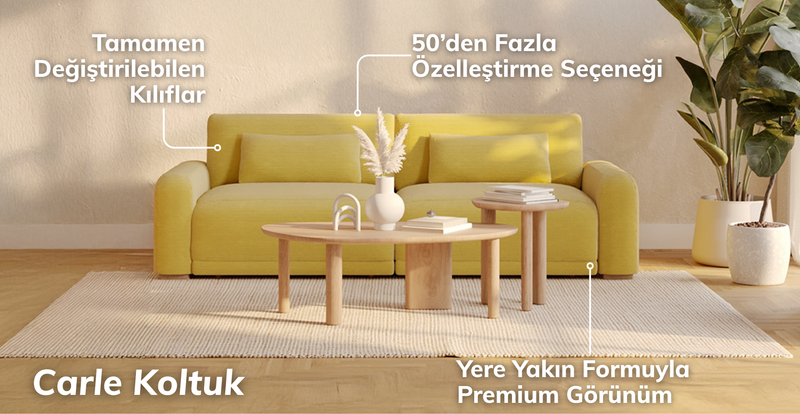 Carle Üçlü Koltuk Çift Kollu Ve Puf - Doğal Doku