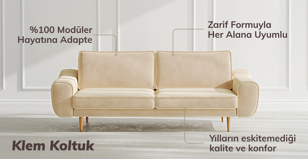 Klem Slim Üçlü Koltuk Ahşap Ayak - Performans Kadife