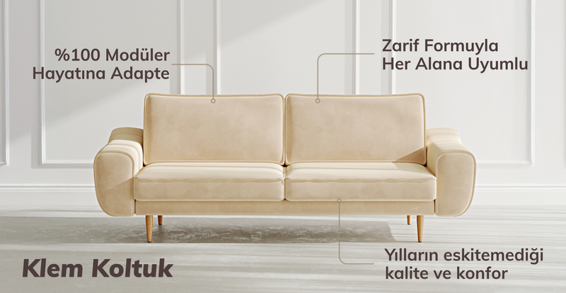 Klem Üçlü Koltuk Ahşap Ayak - Fitilli Kadife