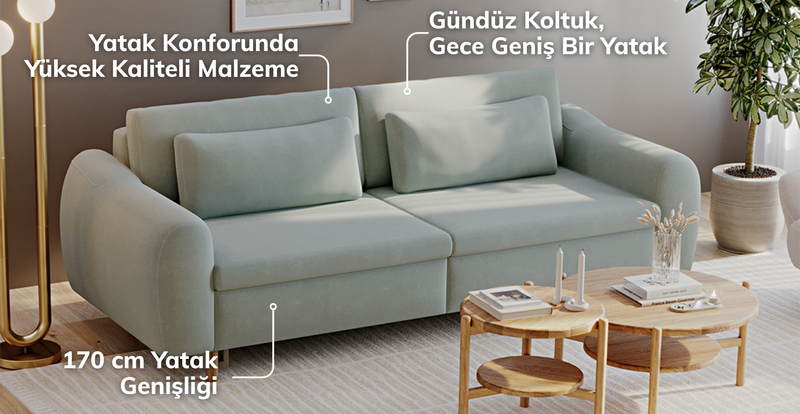 Nyra Yataklı Üçlü Koltuk Silindir Ahşap Ayak - Kadife