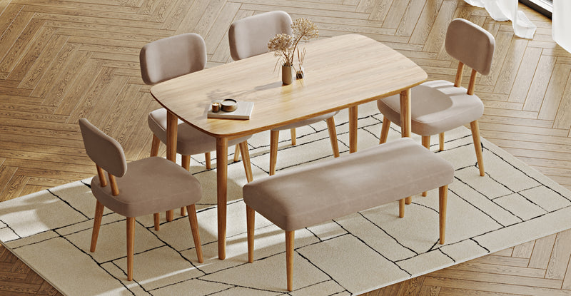 Lyno 77x140 Cm Sabit Yemek Masası Takımı (Roa Bench & 4 Roa Sandalye) - Kadife
